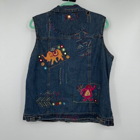 Chicos Womens Denim Vest Art to wear Button Front Boho 2 Large Blue Embroidered - Picture 9 of 15